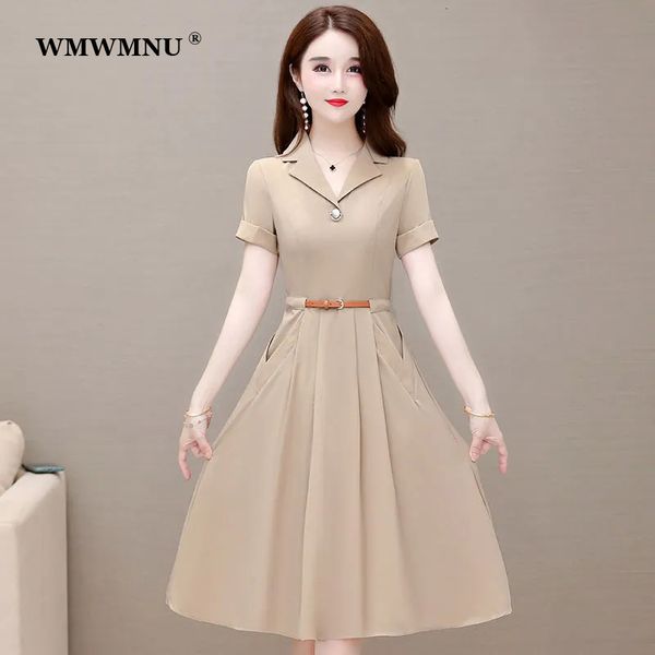 

casual dresses office lady elegant notched collar pleated dress korean fashion short sleeve a-line dress summer casual slim knee-length dres, Black;gray