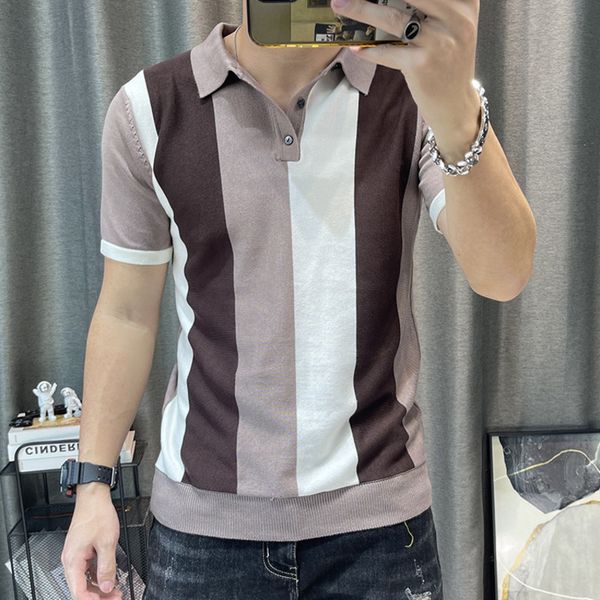 

men's polos spring men short sleeve polo contrast stripes lapel korean slim knit men polo tee shirt camisa hombre 230316, White;black