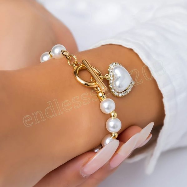 

korean fashion heart imitation pearl chain bracelets for women wed kpop ot buckle pendant bangles couple hand jewelry, Golden;silver