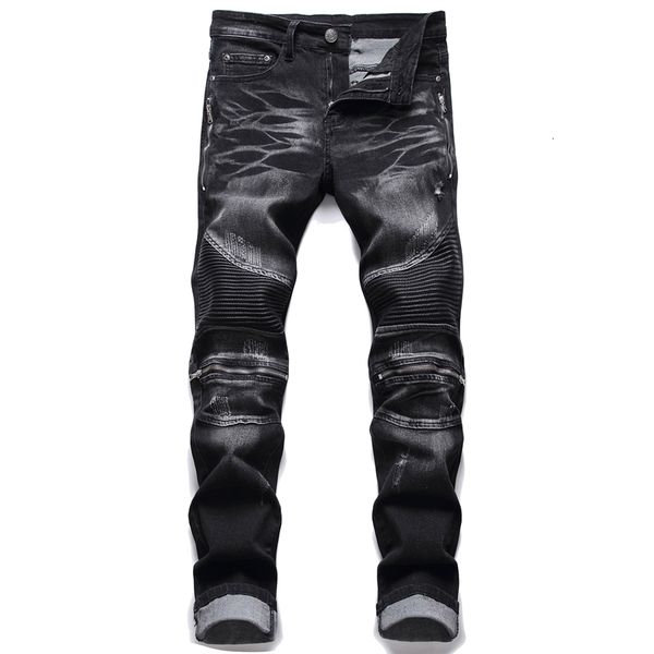 

men's jeans high-quality men fashion distressed ripped skinny jeans slim fit motorcycle moto biker jeans elastic denim hip hop punk jea, Blue