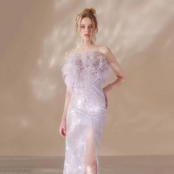 

purple feathers prom dresses violet strapless sleeveless side split shiny sequined women gorgeous mermaid evening party gowns, Black