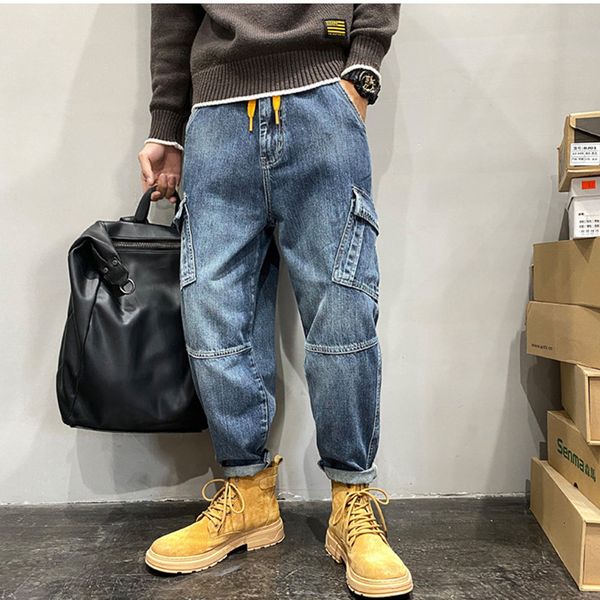 

men's jeans streetwear men pattern blue mop pants fashion hip hop multiple pockets broad leg overalls temperament versatile jeans autum
