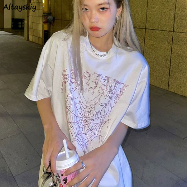 

women's t-shirt cotton t-shirts women purple cobweb print summer short sleeve college korean loose all-match design harajuku fashion 2, White