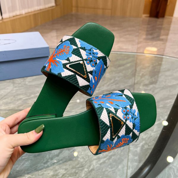 

classic embroidered fabric slide slippers black beige embroidery slides woman block heeled sandals summer cotton slipper rubber sole