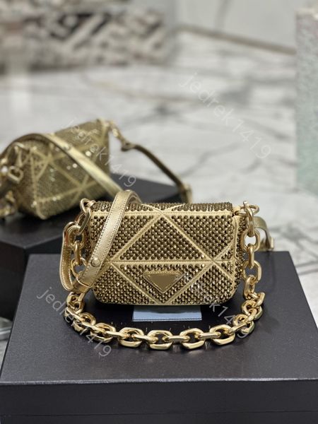 

classic prad crystal tote bags women's designer crossbody bags 10a metal triangle pattern shoulder bag cover gold chain totes purses ha
