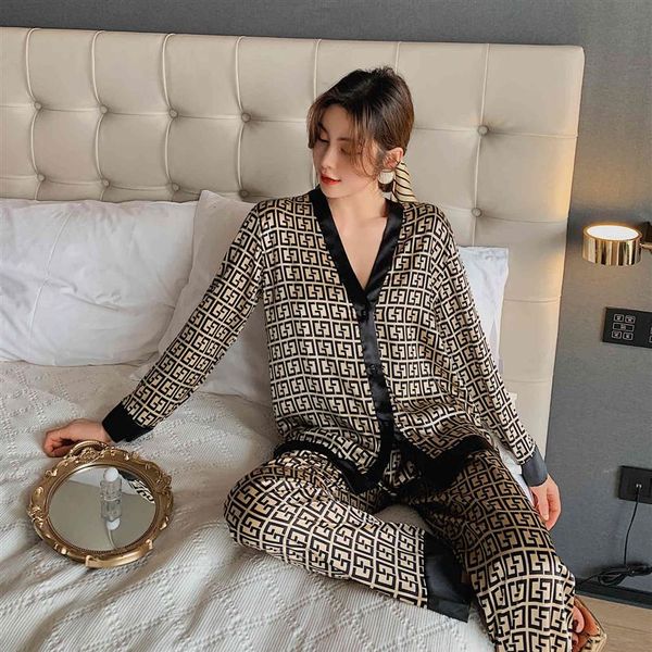 

women's pajamas set v neck design luxury cross letter print sleepwear silk like home clothes xxl large size nightwear homewea298i, Black;red