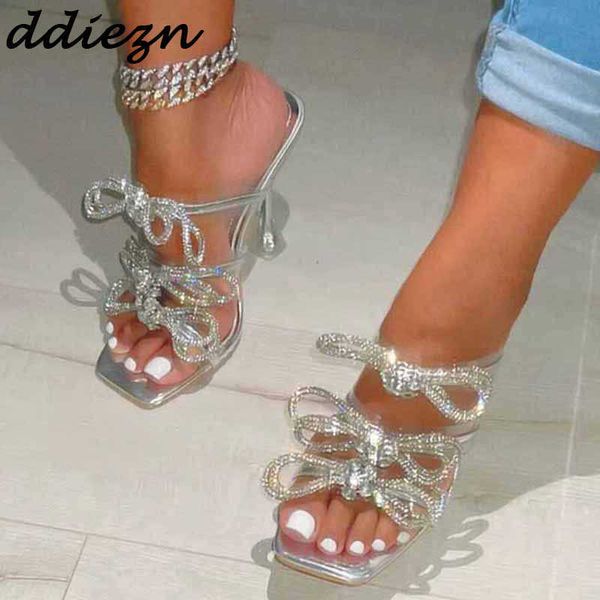 

butterfly knot rhinestones ladies pumps sandals footwear female slides fashion party transparent high heels shoes for women 2023 0316, Black