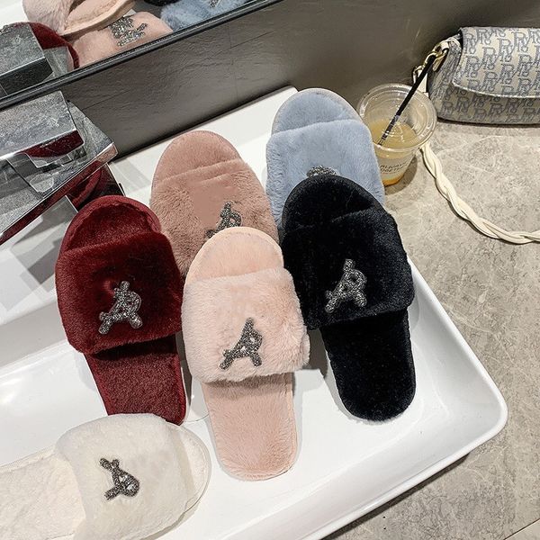 

luxurys rhinestone yl slippers diamond logo fur slides women paseo paris designer furry flat mule slides fashion ladies fluffy platform sand, Black