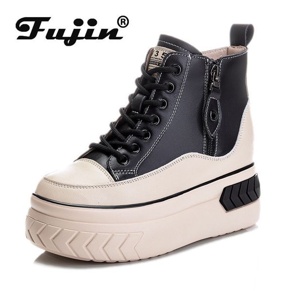 

dress shoes fujin high women shoes genuine leather 8cm platform boots wedge hidden heel zip spring autumn warm fur winter shoes sneakers 230, Black