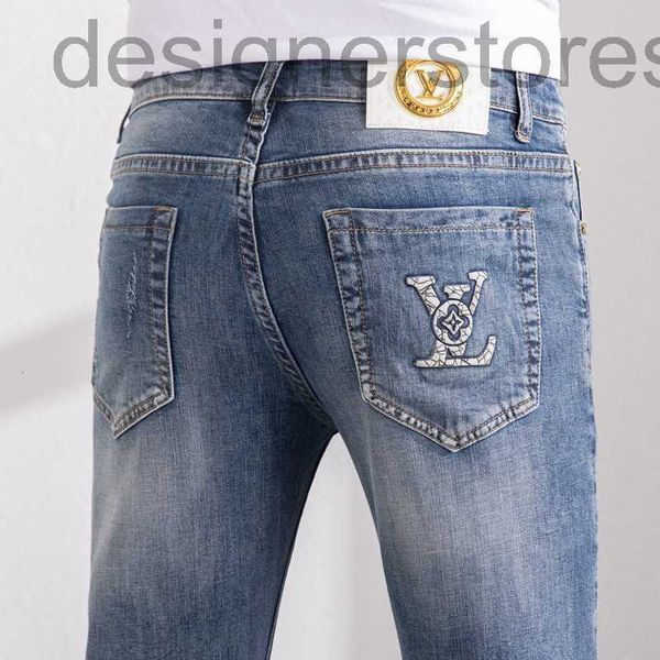 

men's jeans designer 2022 european station summer light print slim fit elastic feet casual pants pxk2, Blue
