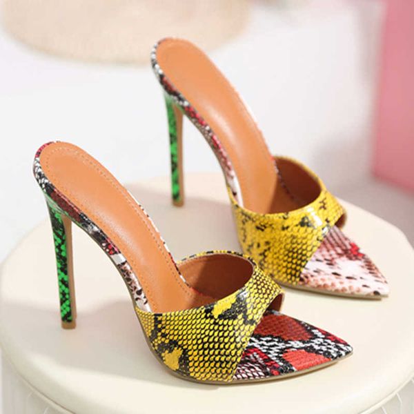 

fashion snakeskin high heels sandals for women pointed toe female slides slip on casual outdoor shallow ladies pumps shoes 0316, Black