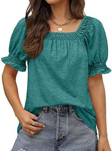 

womens t-shirt summer loose fit casual short sleeve trendy square neck shirts woman t shirt no printr3mm, White