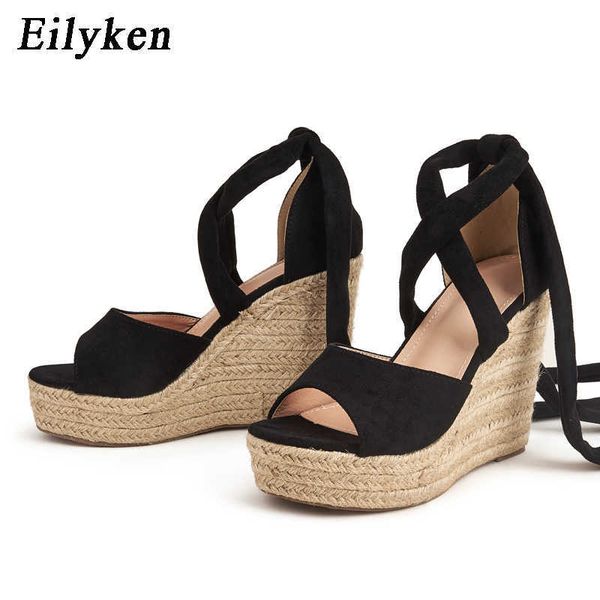 

summer solid women blue platform wedges sandals fashion high heels shoes ankle strap ladies open toe shoes 230306, Black