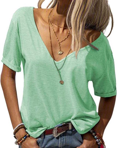 

women blank shirts fashion deep v-neck short sleeve solid casual loose basic t-shirt4hvu, White