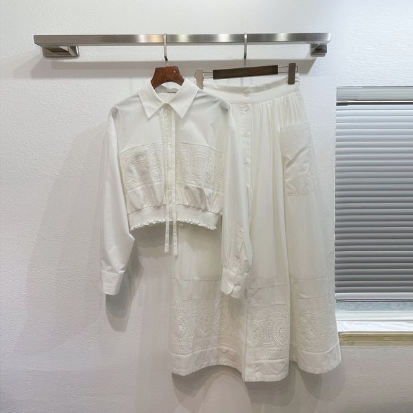 

two piece dress white lapel neck long sleeved embroidered hollow out short shirt with embroidered skirt