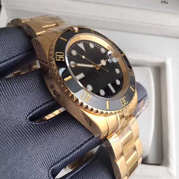 

luxury mens watch rolax mechanical automatic watch st9 steel quality 40mm full k gold color ceramic bezel black dial glide lock flod clasp 0, Slivery;golden