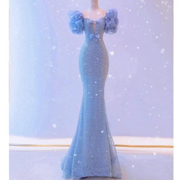 

mermaid blue prom dresses luxury beaded sequin puff sleeve square collar bow long formal banquet women evening gowns 2023, Black