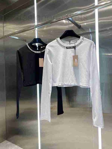 

women's t-shirt designer short t-shirt 23 spring new crystal necklace collar letter sticker decoration waist long sleeve 8m6w, White