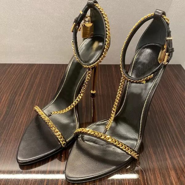 

summer desig ford gold chain link sandals shoes padlock pointy naked women luxury designer lady high-heeled party wedding gladiator sandalia, Black