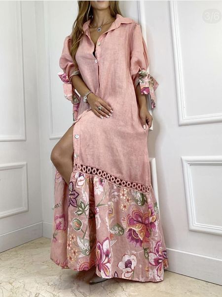 

casual dresses elegant lantern sleeve sundress women dress fashion lapel neck boho printing shirt dress single breasted maxi dress robe femm, Black;gray