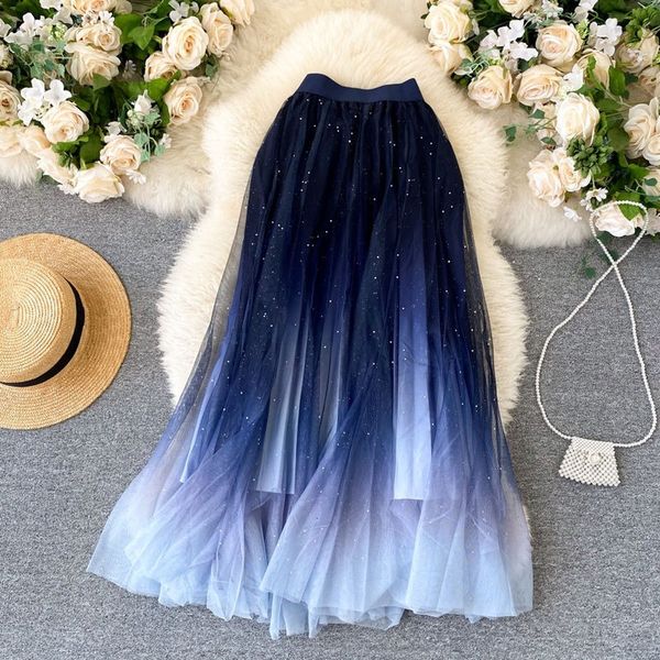 

skirts 80cm midi beautiful gradient color long tulle skirts women korean aline high waist pleated maxi female school skirt girls 230314, Black