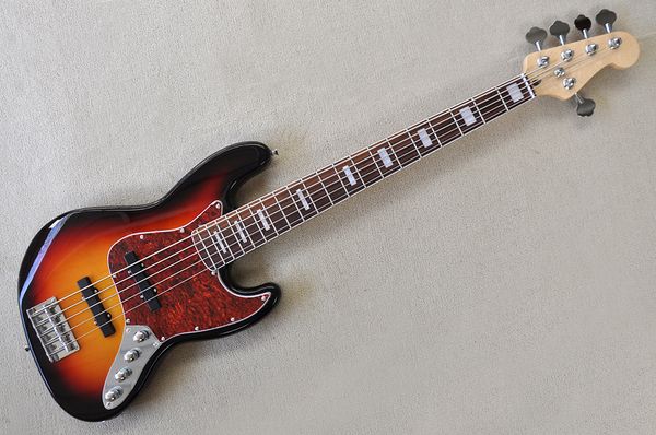 

factory custom 5 strings electric bass guitar tobacco sunburst active circuit red pickguard chrome hardwares rosewood fretboard can be custo