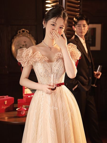 

elegant prom dresses polka dot off shoulder beaded sequined a-line belt boat neck tulle long party bride toast evening gowns luxury 2023, Black