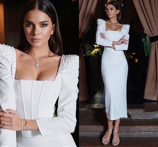 

elegant sheath evening formal dress square neck pearls beads long sleeves satin tea length prom party gowns robe de soiree 2023 new, Black;red