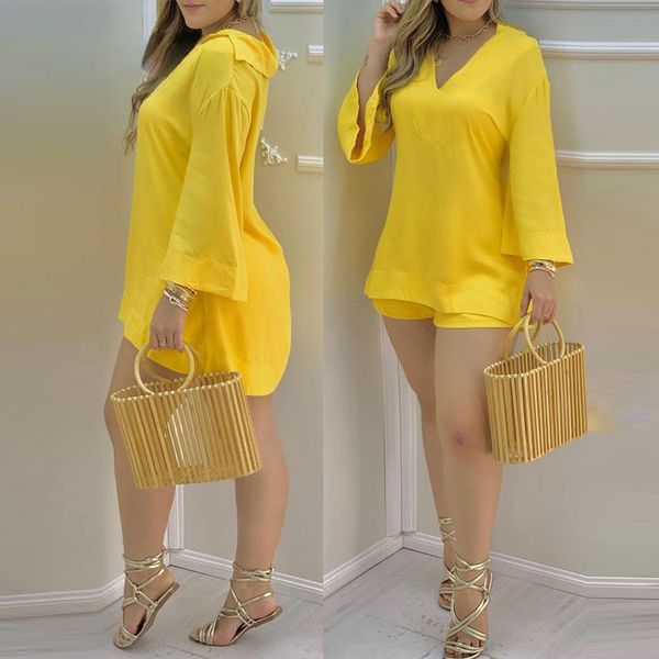 

women's two piece pants women two piec set solid plain bell sleeve v-neck shorts set outfit summer suit style material decoration origi, White