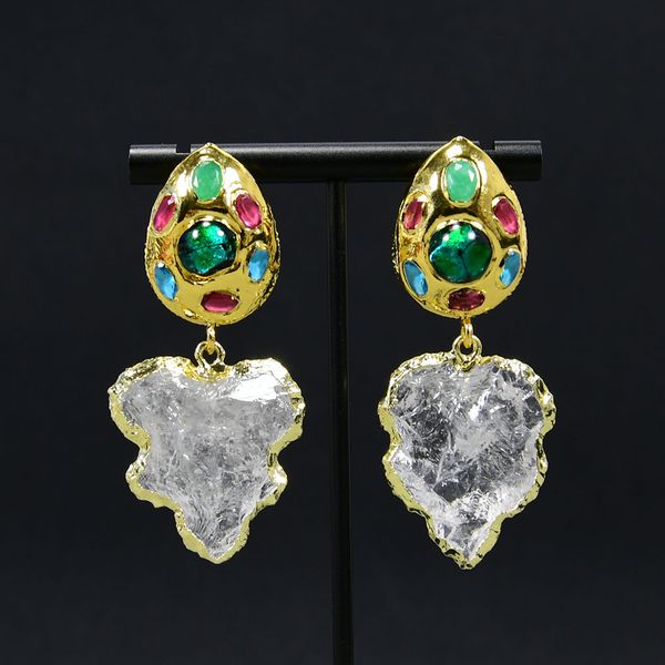 

clear crystal quartz rough raw leafage shape with gold trim murano glass jade earrings handmade stud dangle earrings, Silver
