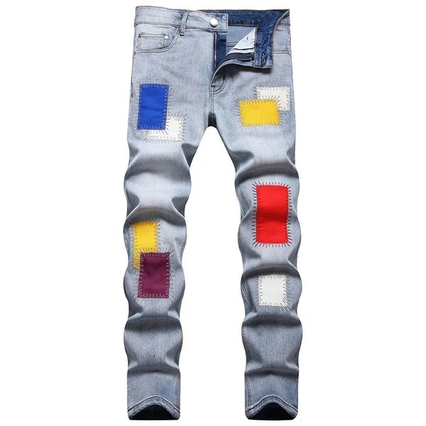 

light blue jeans slim fit pants mens denim fashion embroidery patch us size hip hop black trousers for male big size 28-42