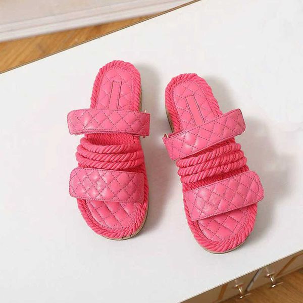 

designer women slides rope sandals slipper flat platform sandal outdoor beach flip flops leather printed lace-up casual shoes with box no331, Black