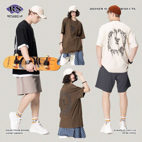 

men's rs 2023 summer 270g flocked foam front and back printed short-sleeved dark street fashion t-shirt, White;black