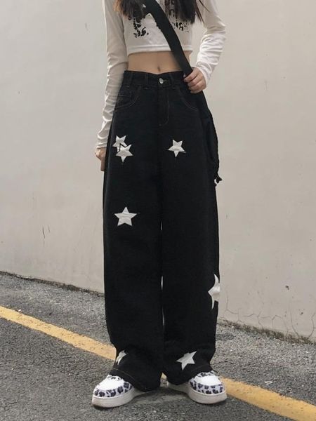 

womens jeans houzhou y2k retro streetwear black cargo jeans women gothic punk vintage kpop print wide leg denim panrts female autumn trouser, Blue