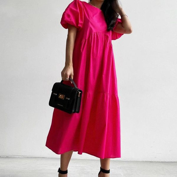 

casual dresses women's elegant solid party dresses summer casual loose o-neck puff sleeve a-line dress female high waist maxi dresses v, Black;gray
