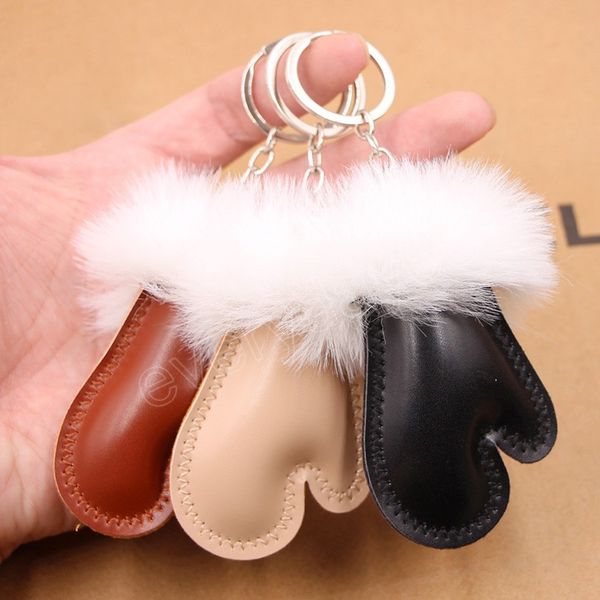 

winter pu plush gloves pendant keychain for women bag hanging ornament leather gloves key ring car key holder charm jewelry gift, Slivery;golden