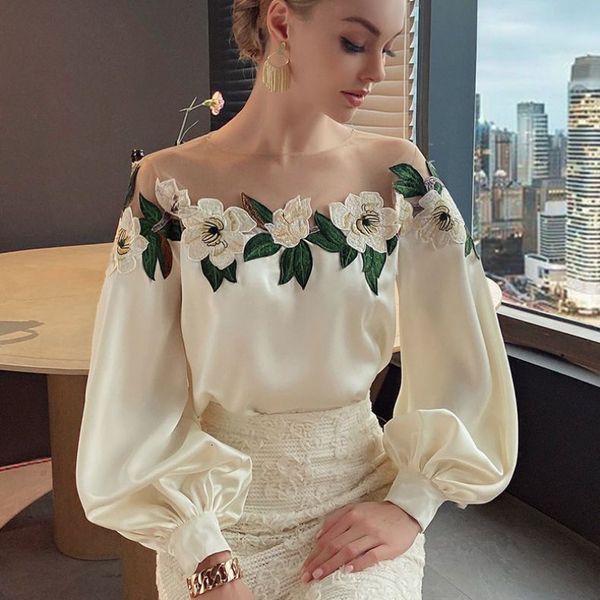 

women's blouses shirts luxury flowers embroidery mesh stitching satin shirt sweet long sleeved faux silk blouses loose ol gauze glossy, White