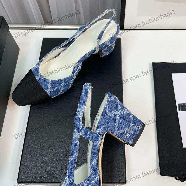 

chunky shoes dress womens heels 6cm tweed classic pink denim slingbacks sandals square toes slip on wedding shoe retro slipper ladies mule l, Black