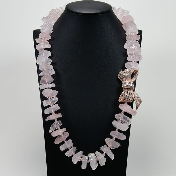 

guaiguai jewelry natural pink rose quartzs rough raw necklace rose gold color plated cz pave bowknot connector handmade for women, Silver