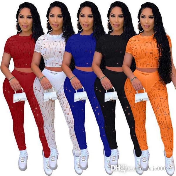 

summer women 2 two piece pants set tracksuits holed crew neck short sleeve crop and leggings sport outfit clothes, White