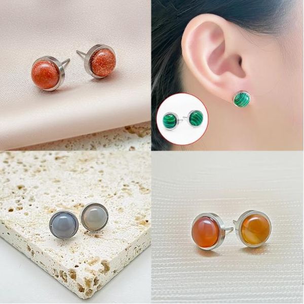 

stainless steel natural stone stud earrings wedding women fashion jewelry malachite opal statement earrings party gift men, Golden;silver