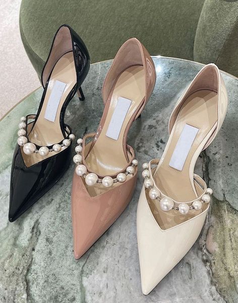 

bridal wedding dress shoes aurelie pumps lady sandals pearls strap luxury brands pointed toe high heels women walking with box,eu35-42, Black