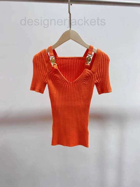

women's knits & tees designer summer new shoulder button short sleeve solid color pit knitted women f99n, White