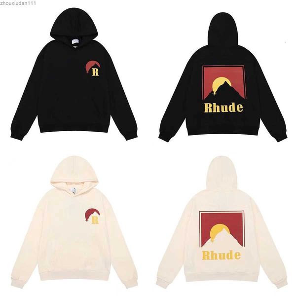 

niche beauty hoodies fashion rhude moonlight printed high weight pure cotton loop loose casual hoodie warm suit pullover sweatshirts lovers, Black