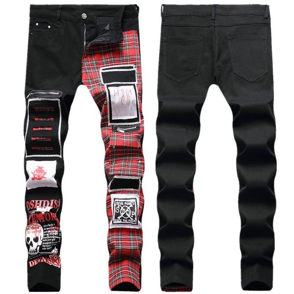 

men's jeans autumn and winter new men's torn patch pants color cloth alternative splicing men slim small straight pants trousers g, Blue
