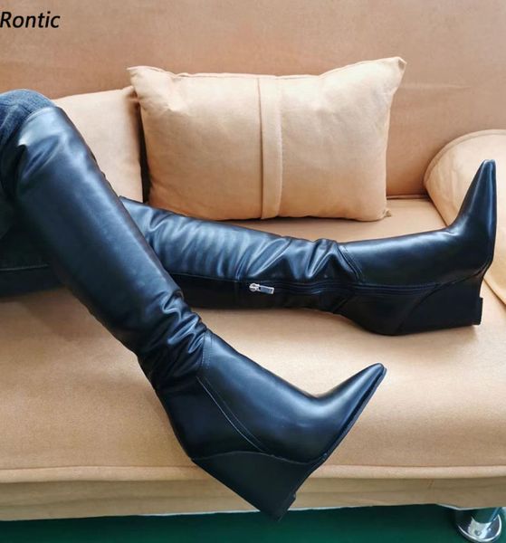 

rontic new arrival women winter knee boots side zipper wedges heels pointed toe elegant black casual shoes us size 5151533730