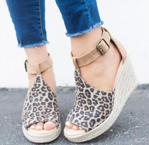 

2019 new leopard suede leather buckle waterproof wedge with women sandals large size women casual sandals 35433043531, Black