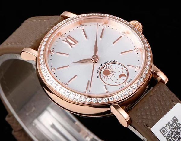 

women's 34mm luxury wristwatch with the sun and moon day and night display 904l fine steel crystal diamond inlay, Slivery;brown