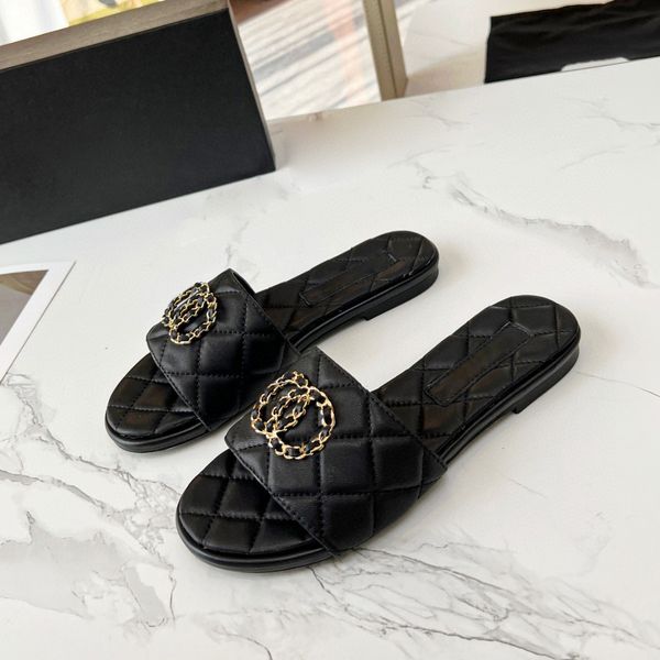 

interlocking chain link embellished slides slippers luxe beach sandals genuine leather shoes open toes casual flats for women luxury designe, Black