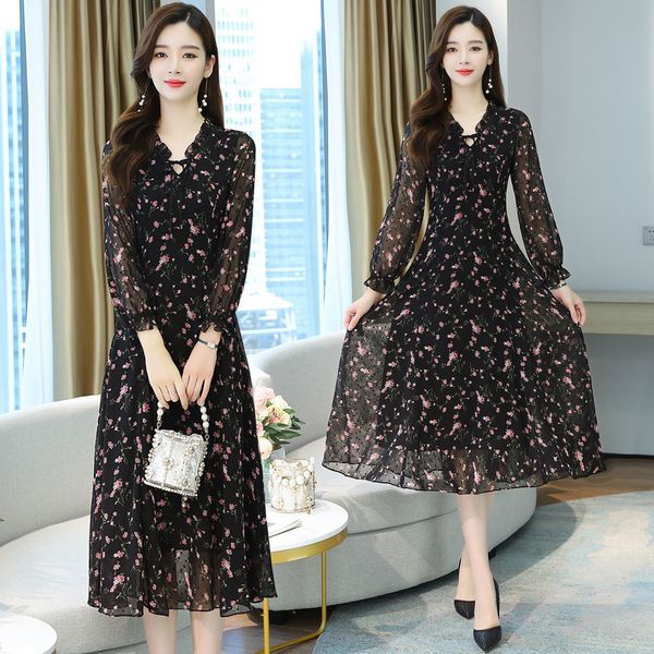 

casual dresses woman dress summer autumn long sleeve small floral chiffon dress vestido de mujer 230316, Black;gray